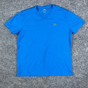 Lacoste T-Shirt Mens Size L Blue V-Neck Pima Cotton Logo Tee READ Tear by Collar